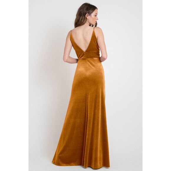 Jenny Yoo Madden Stretch Velvet Deep-V Floor Length Bridesmaid Dress Marigold - Picture 2 of 5